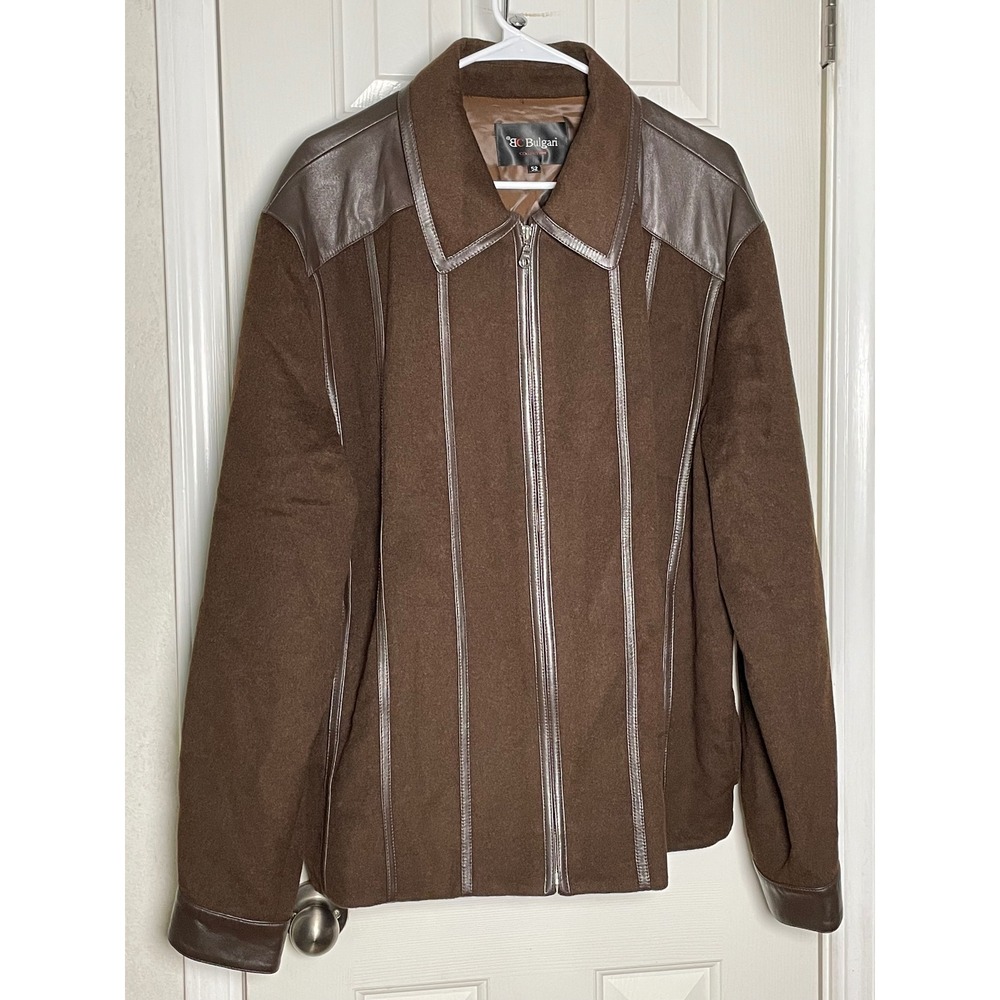 BC Bulgari Wool Cashmere Leather Trim Zip Jacket Brown Mens Size 52 Large